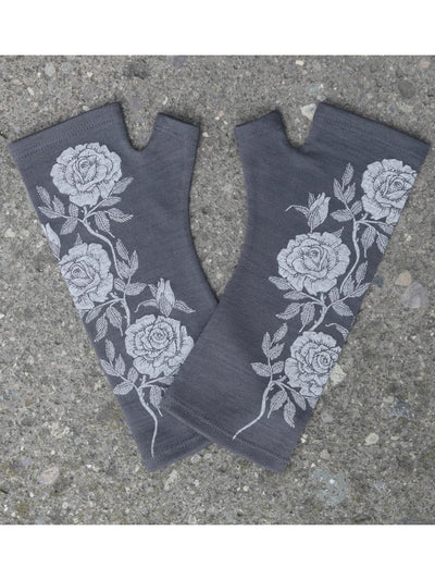 Merino Fingerless Gloves - Standard Length Charcoal Rose Print-Kate Watts-Te Huia New Zealand